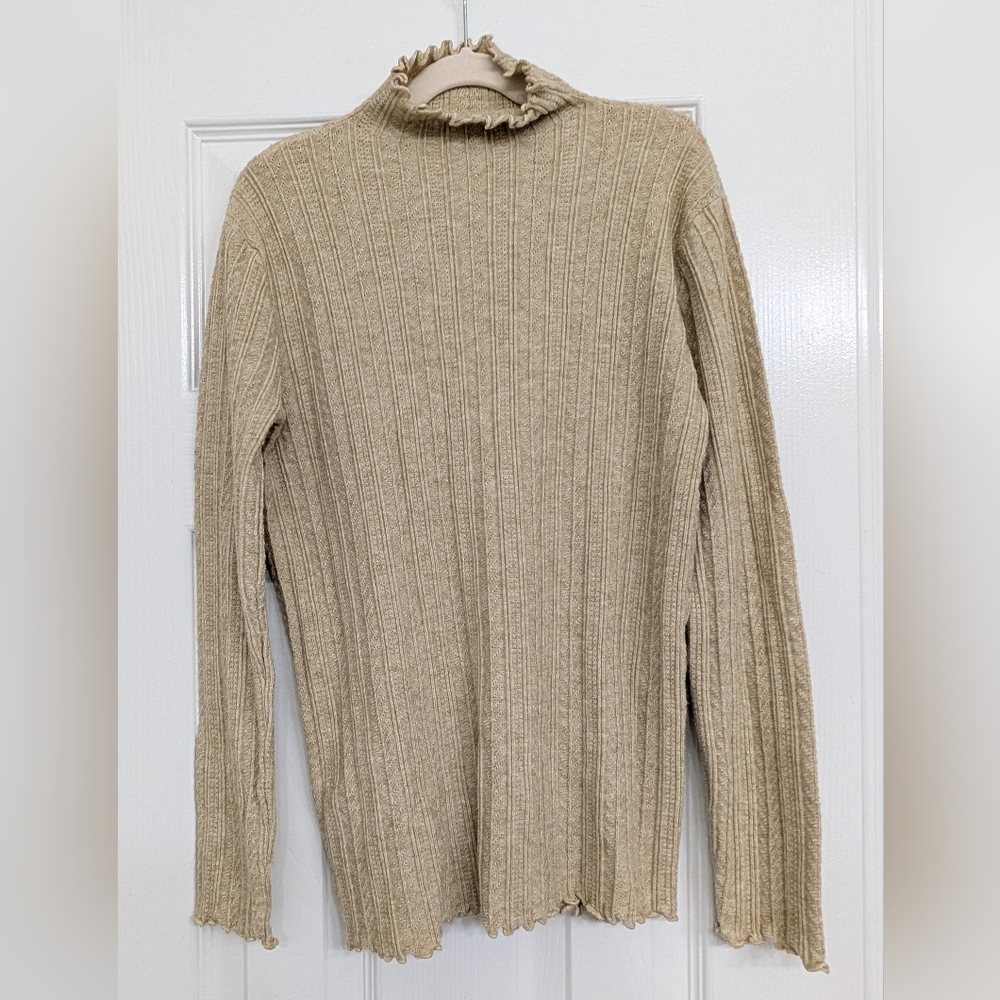 Ribbed Tan Khaki Mockneck Sweater with Ruffled Neckline And Sleeves